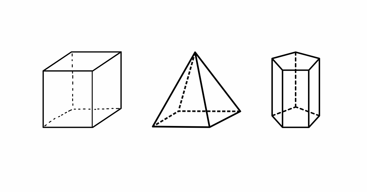 Exemplos de poliedros convexos: cubo, pirâmide e prisma